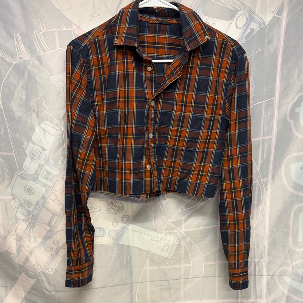 Plaid Button Down Shirt -Red Orange and Blue CROP CUT